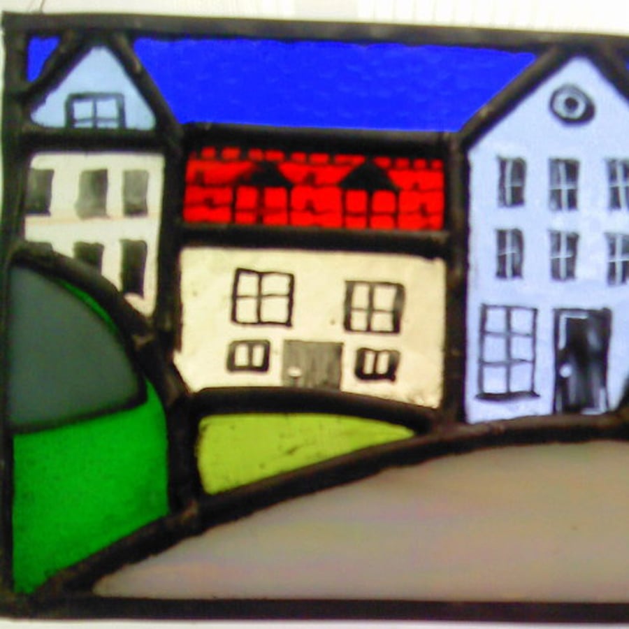 Snowy Winter Village Stained Glass Panel