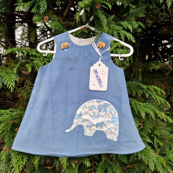 Age: 3-6m. Blue Elephant Applique Needlecord dress. 
