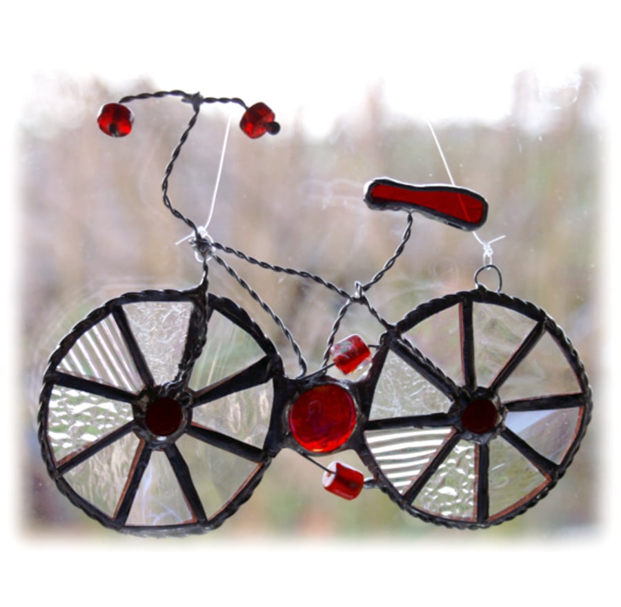 Bicycle Suncatcher Red Stained Glass Handmade man cyclist cycle bike