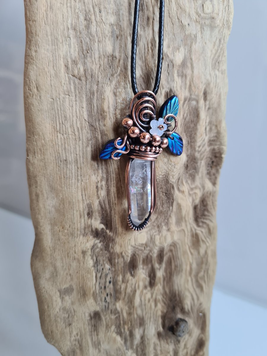 Natural Brandberg Quartz & Copper Botanical Pendant Necklace Crystal Jewellery