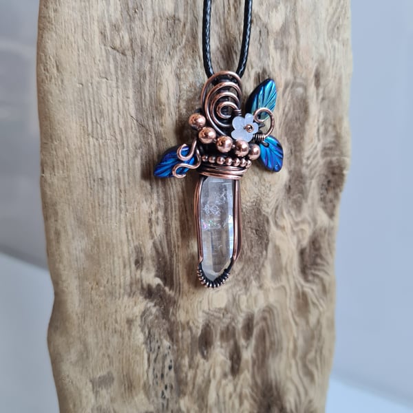 Natural Brandberg Quartz & Copper Botanical Pendant Necklace Crystal Jewellery
