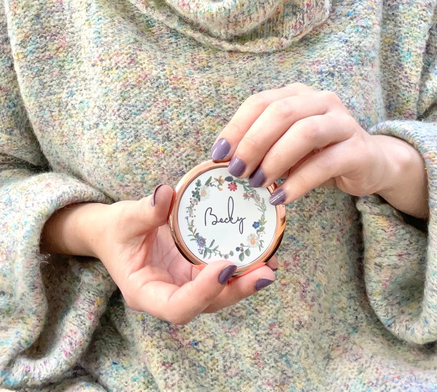 Custom Wildflower Mirror, Personalised Floral Compact Mirror, Flower Gift, Rose 
