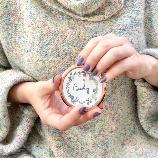 Custom Wildflower Mirror, Personalised Floral Compact Mirror, Flower Gift, Rose 