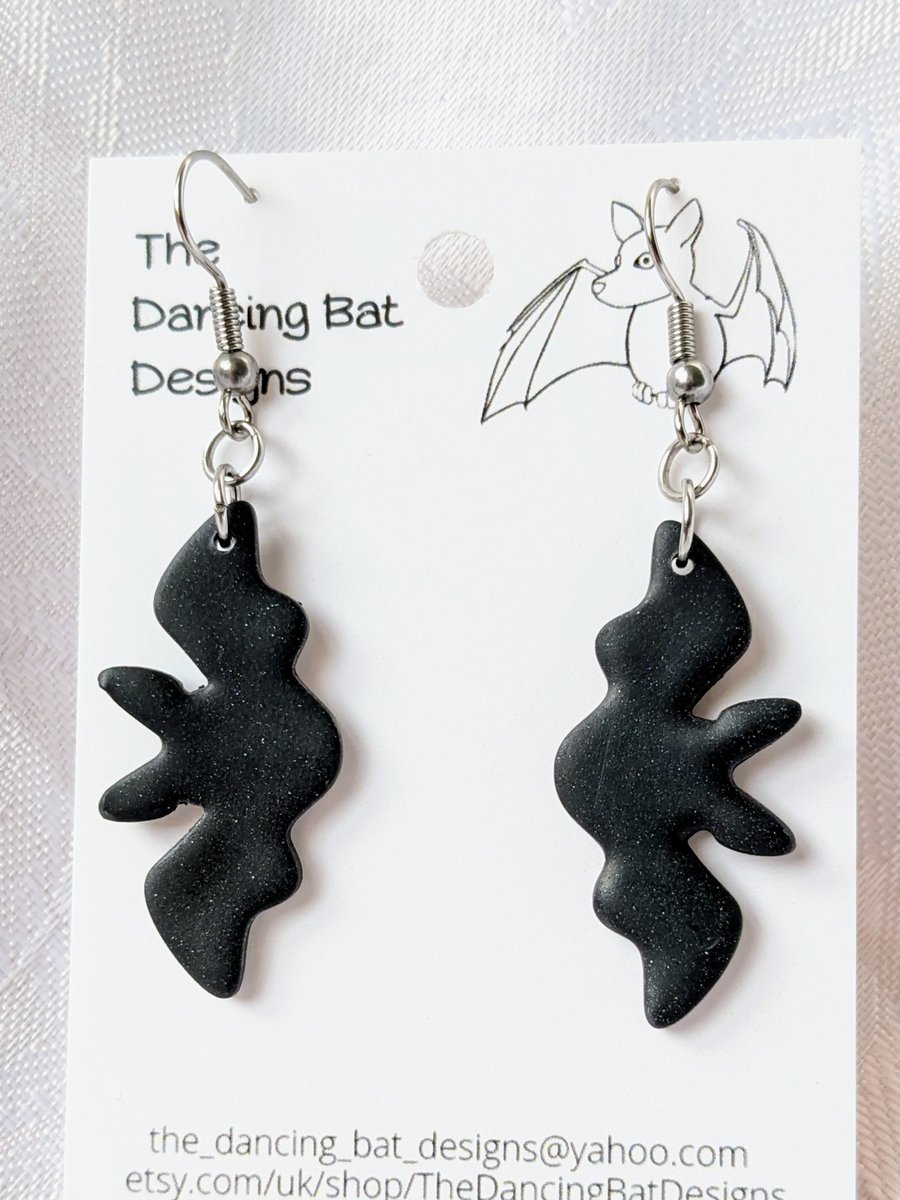 Medium Black Bats Dangle Earrings, Polymer Clay Jewellery