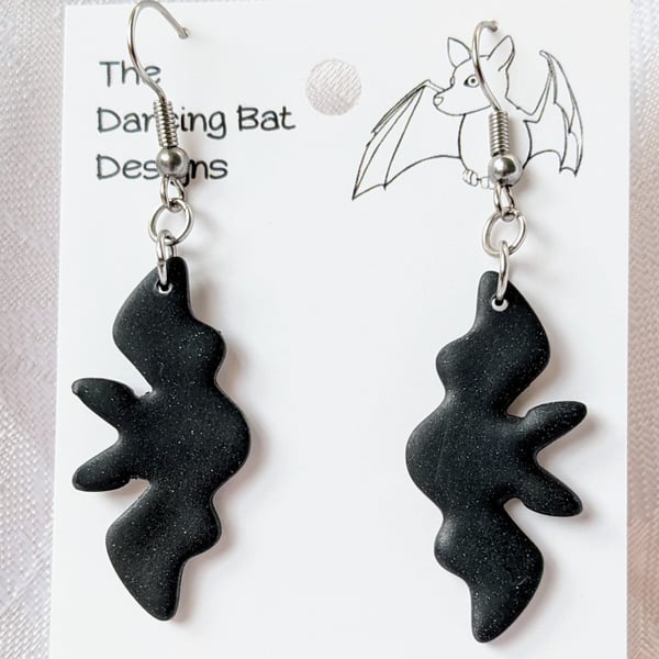 Medium Black Bats Dangle Earrings, Polymer Clay Jewellery