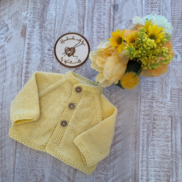 20% off IN STOCK Sample Handknitted Spring Duo Cardigan - Newborn. Pale Yellow.
