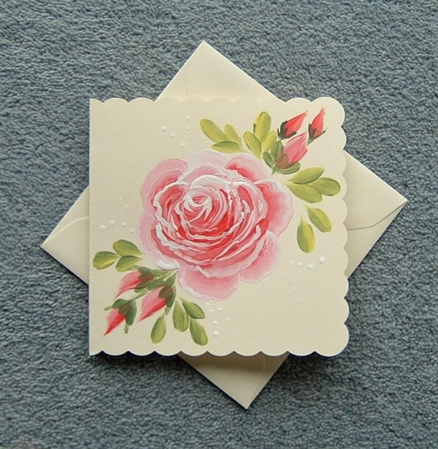 hand painted roses floral blank greetings card ( ref F 10 )