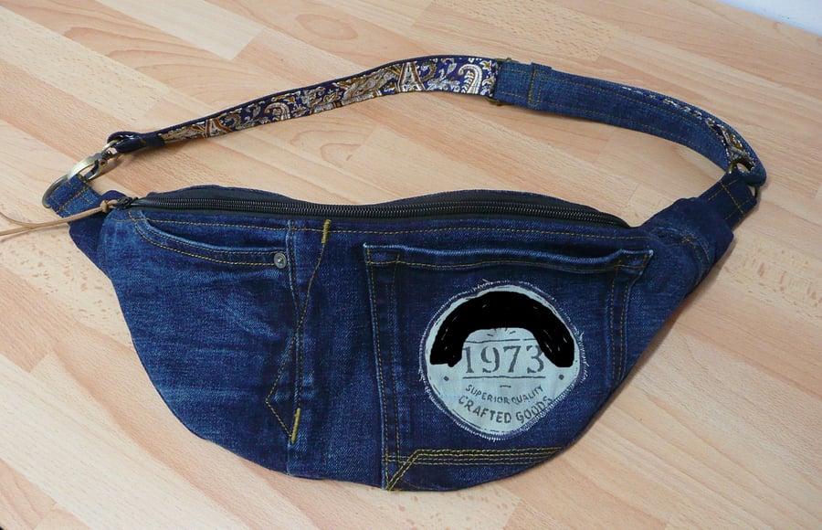 Denim crossbody bumbag upcyled jeans bag zip top bum bag blue denim upcycled bag