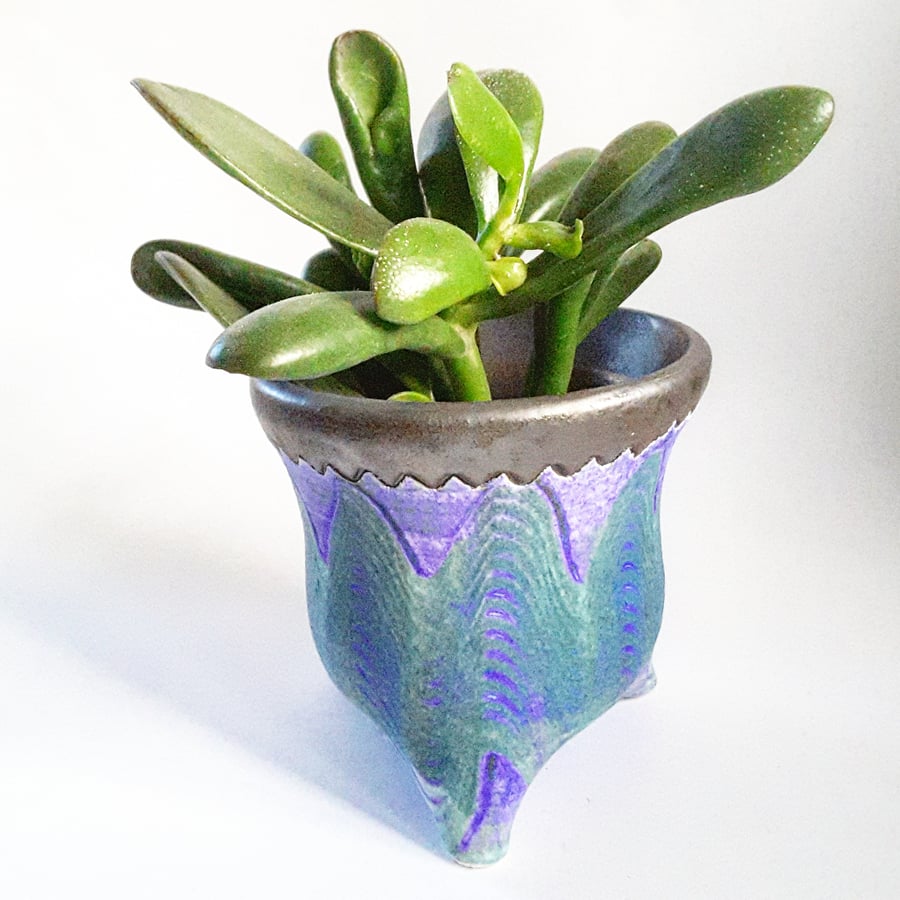 Plant Pot Holder with Three Feet in Blue Purple and Bronze Glazes
