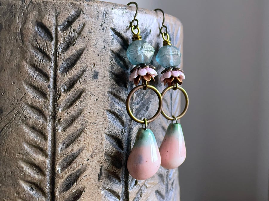 Blush Pink & Aqua Earrings. Artisan Ceramic Earrings. One of a Kind Earrings