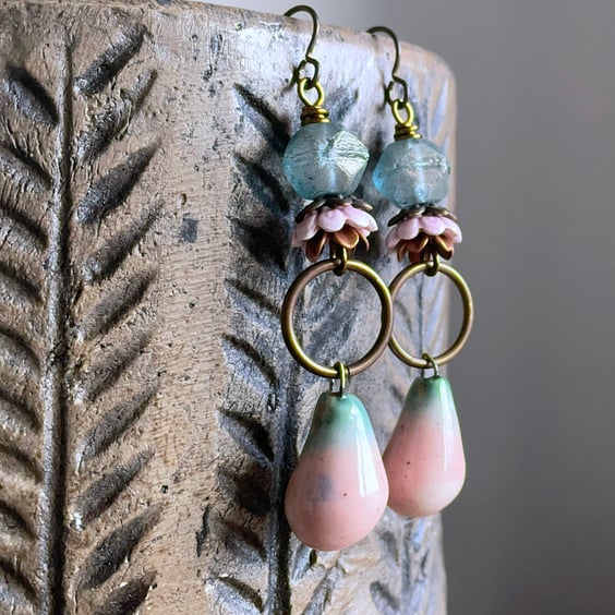 Handcrafted Ceramic Drop Earrings in Blush Pink & Aqua - Artisan Jewellery