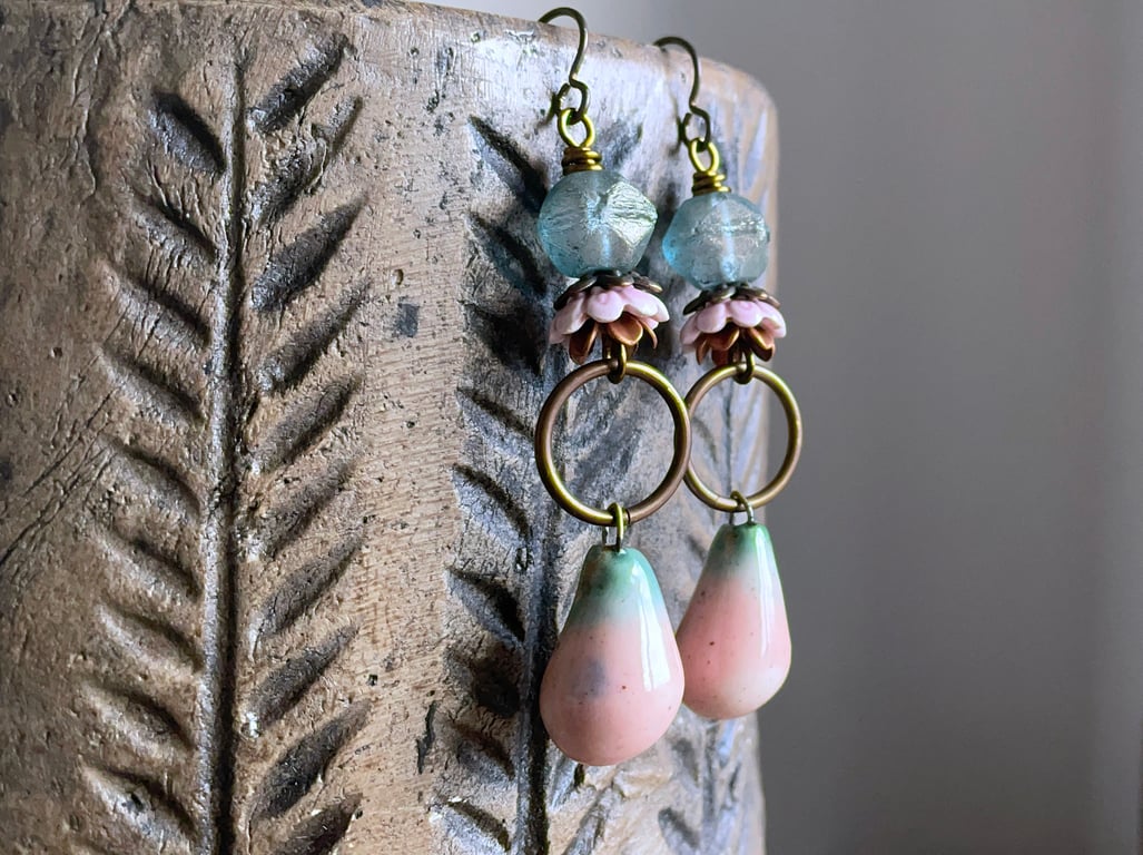 Handcrafted Ceramic Drop Earrings in Blush Pink & Aqua - Artisan Jewellery