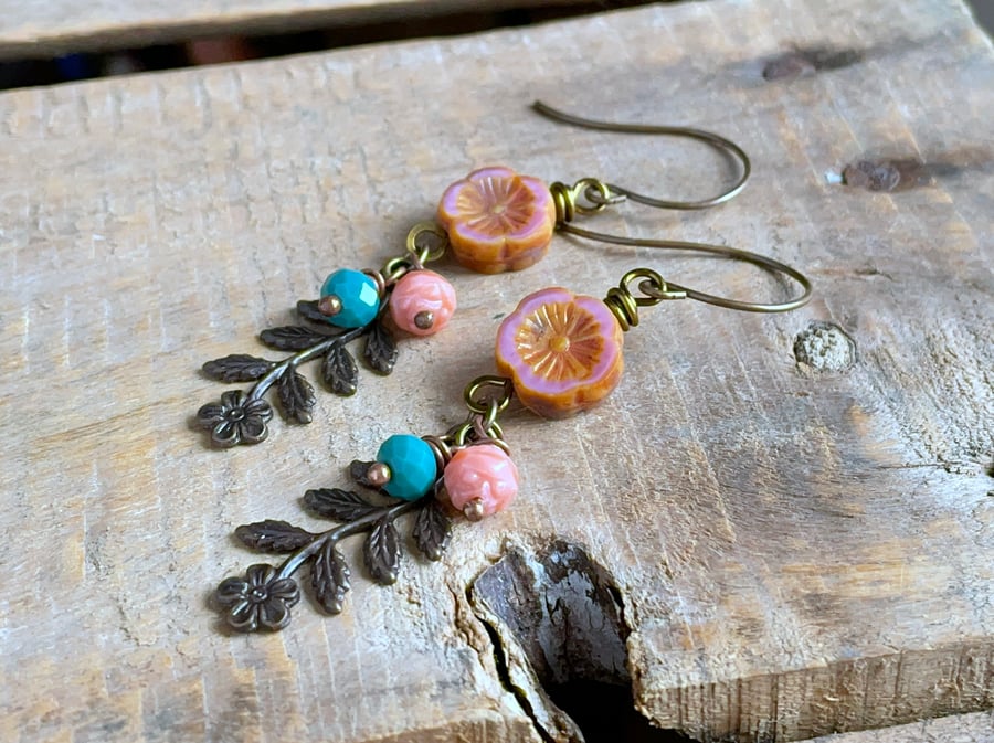 Coral Pink & Teal Green Earrings. Brass Charm Earrings. Spring Flower Earrings