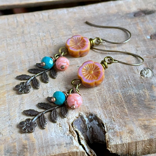 Coral Pink & Teal Green Earrings. Brass Charm Earrings. Spring Flower Earrings