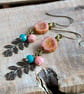 Coral Pink Czech Glass Flower Earrings - Spring Blossom Brass Jewellery - Image 1