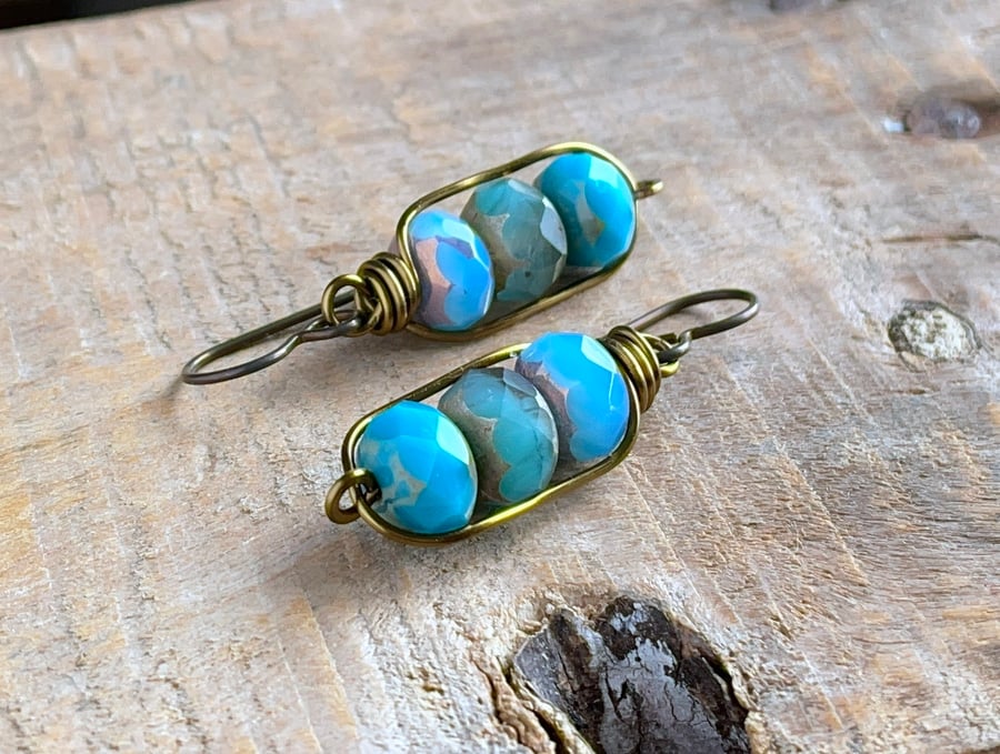 Stacked Blue Bead Earrings. Czech Glass Earrings. Simple Wire Work Earrings
