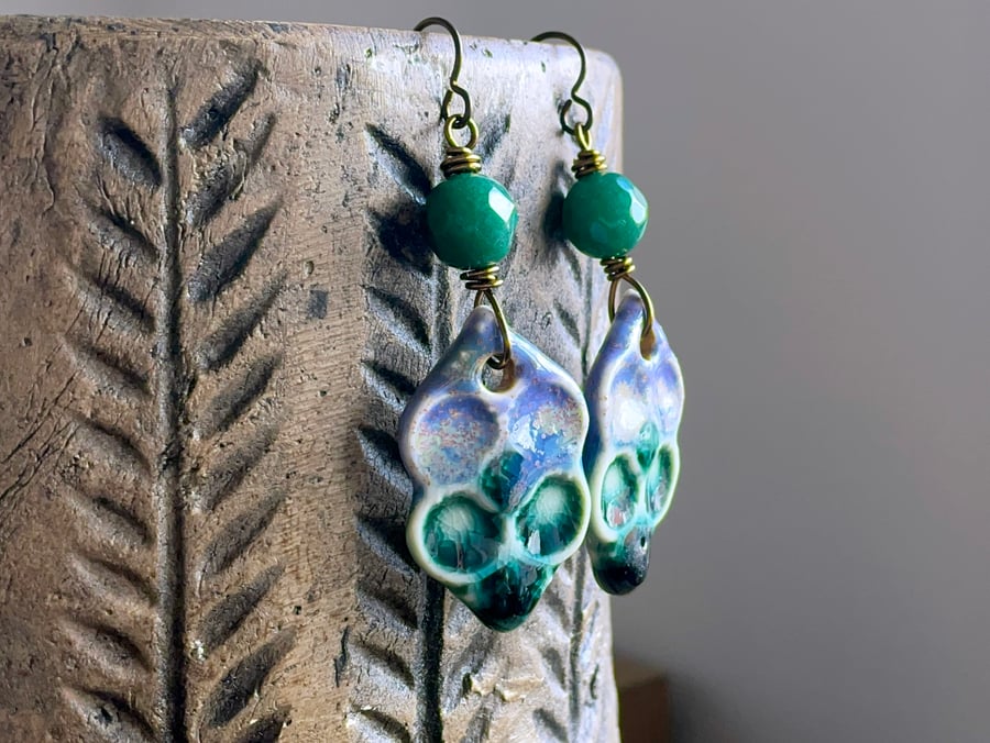 Lilac & Green Earrings. Artisan Ceramic Statement Earrings. One of a Kind.