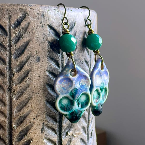 Lilac & Green Earrings. Artisan Ceramic Statement Earrings. One of a Kind.