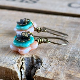 Czech Glass Flower Earrings. Peach & Turquoise Floral Earrings. Blossom Earrings