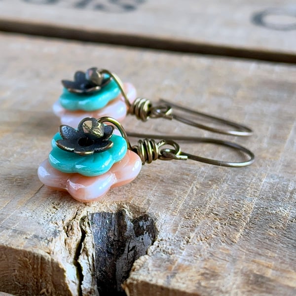 Peach & Turquoise Flower Earrings. Czech Glass Spring Jewellery. Floral Earrings