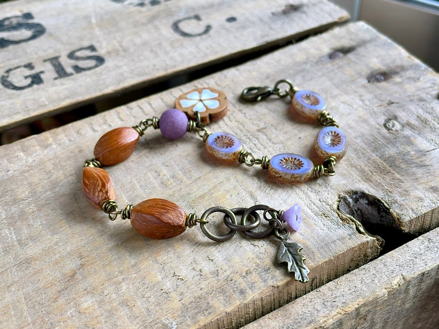 Lilac Czech Glass & Wooden Bead Bracelet.  Nature Inspired Flower Bracelet.