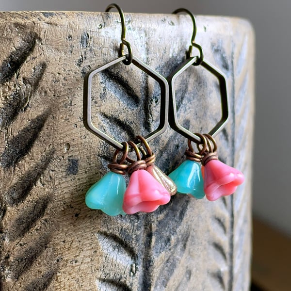 Czech Glass Flower Earrings in Coral, Aqua & Rose Gold. Floral Cluster Earrings