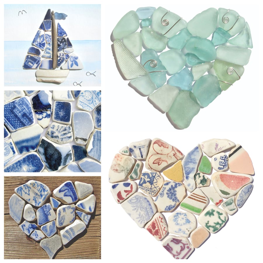 Greetings Cards (5 Pack) - Beach Mosaic Art - Hearts, Boats, Seaglass, Pottery 