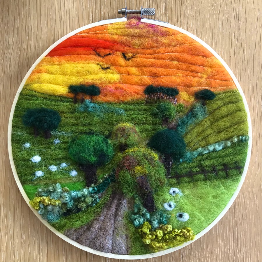 Needle felted landscape of the countryside 