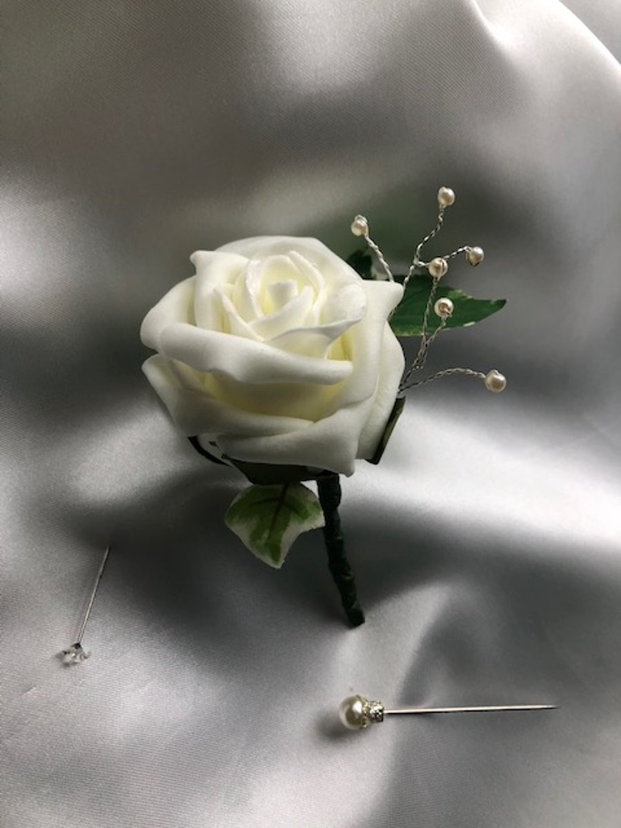  Ivory Rose & Pearl Spray Wedding Boutonniere Butttonhole - Various Rose Colours