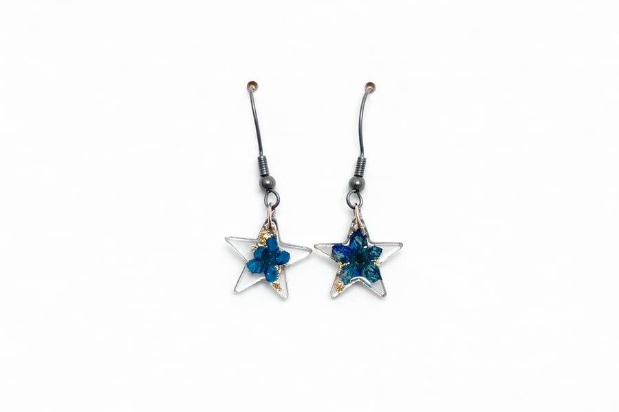 Small Blue Flower Star Resin Dangle Earrings with Gold Leaf