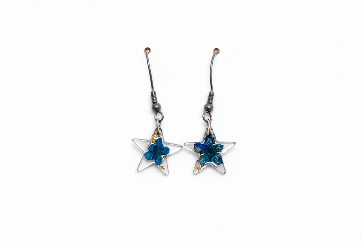 Small Blue Flower Star Resin Dangle Earrings with Gold Leaf