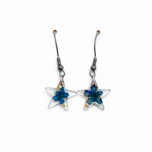 Small Blue Flower Star Resin Dangle Earrings with Gold Leaf