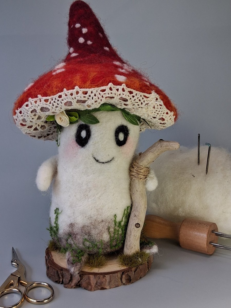 Needle Felted Mushroom Forager - Woollen Decoration 
