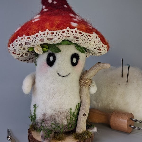 Needle Felted Mushroom Forager - Woollen Decoration 