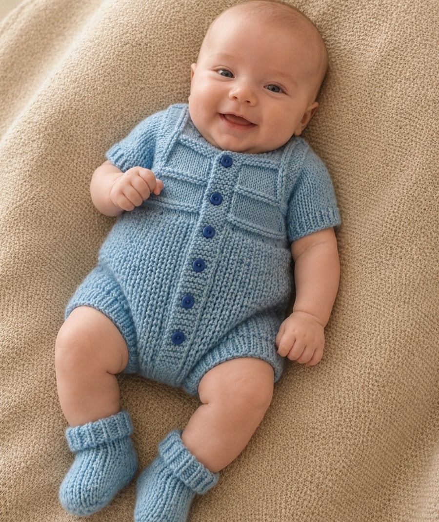 Hand knitted baby boy romper set 
