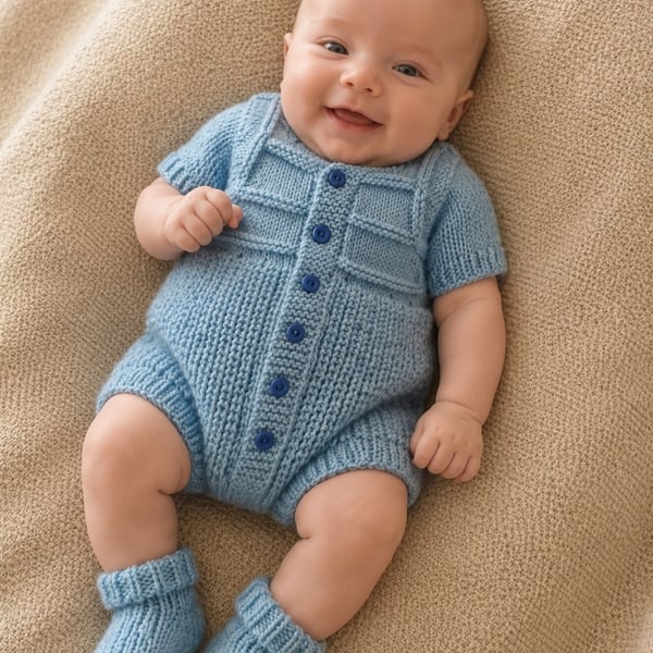 Hand knitted baby boy romper set 