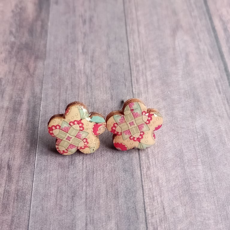 Small Wooden Flower Stud Earrings, Floral Jewellery
