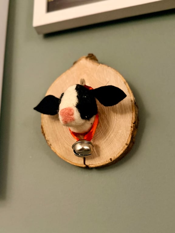 Needle felted cow trophy head wall hanging, faux taxidermy