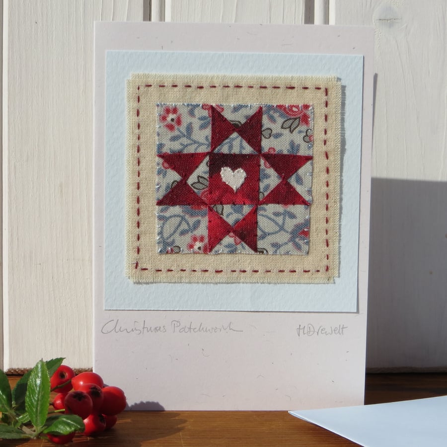 Christmas Patchwork, miniature hand-stitched textile on card, with tiny heart 