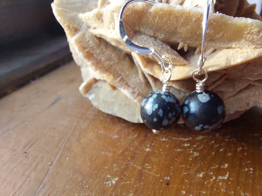 Sterling Silver Snowflake Obsidian Earrings