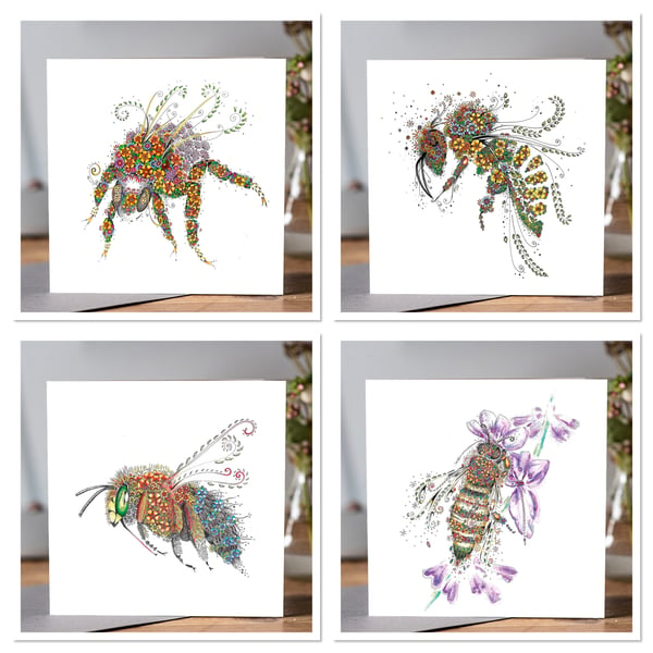 4 Beautiful Bee Greeting cards 