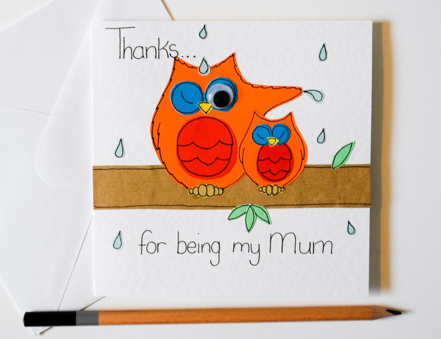Greeting card - Mothers day - Two owls - Thanks for being my Mum