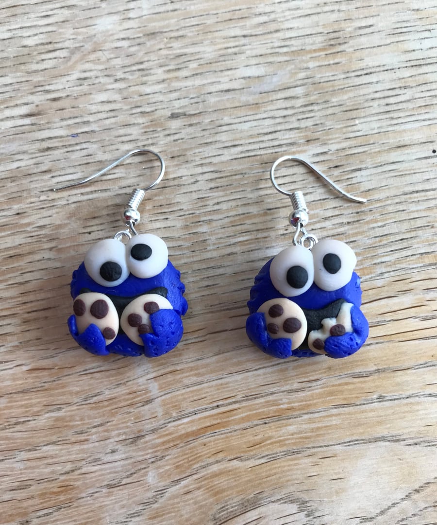 Cookie Monster polymer clay Sesame Street dangly earrings 