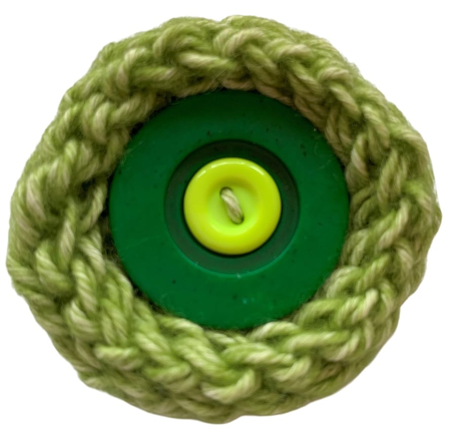 Knitted Button Badge Brooch Green Handmade Pin Repurposed Jewellery