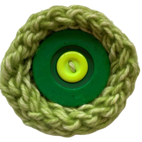 Knitted Button Badge Brooch Green Handmade Pin Repurposed Jewellery
