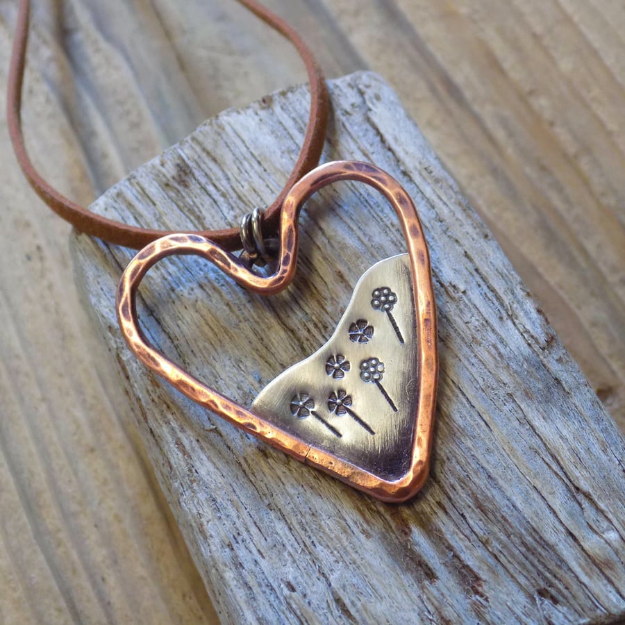 Copper and silver heart 'posy' mixed metals pendant