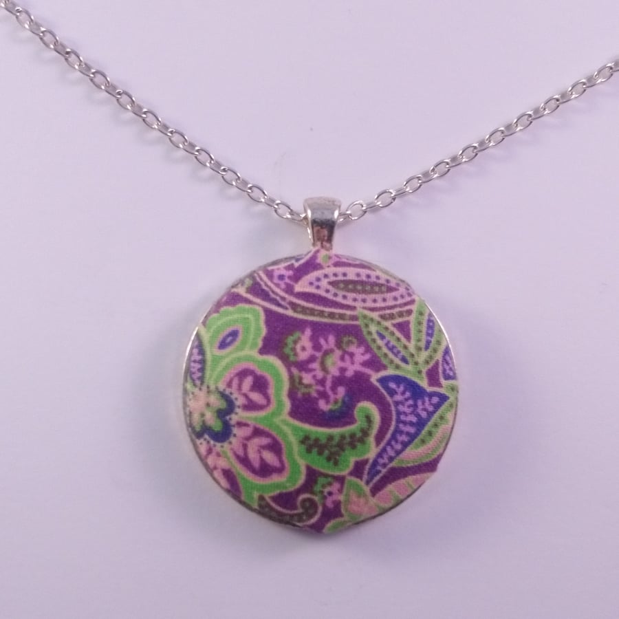 38mm Green and Purple Patterned Fabric Covered Button Pendant