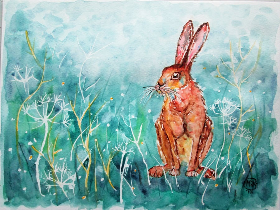 Hare sitting with turquoise background. Original painting
