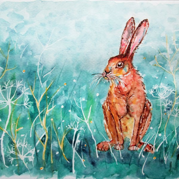 Hare sitting with turquoise background. Original painting