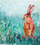 Hare sitting with turquoise background. Original painting - Image 1